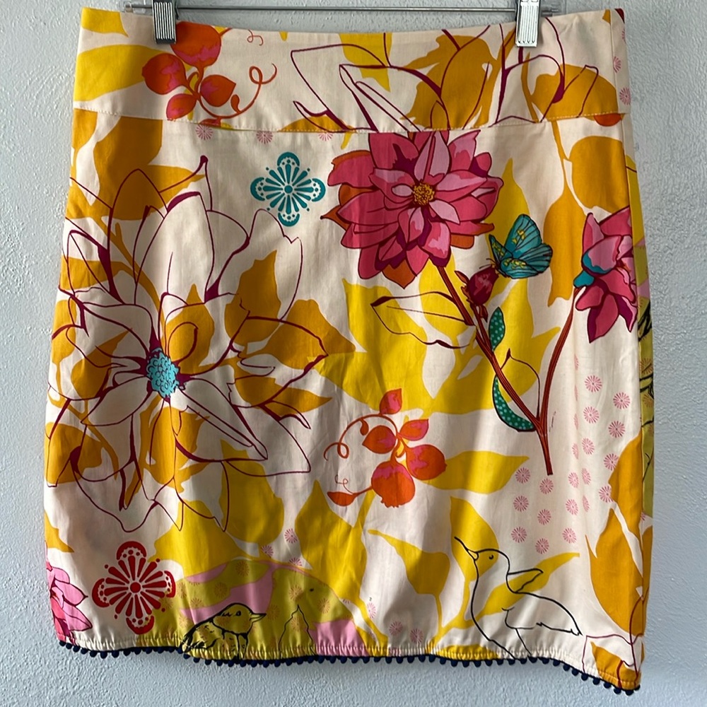 AVA Rose Boutique 100%‎ Cotton Vintage Look Floral Bird Yellow Pink Skirt Med